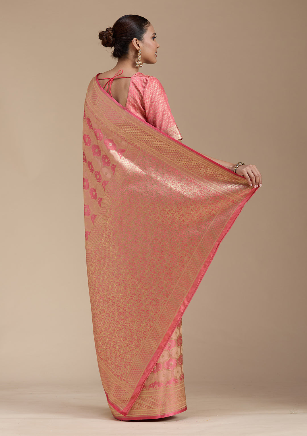 Peach Zariwork (Gold) Silk Saree