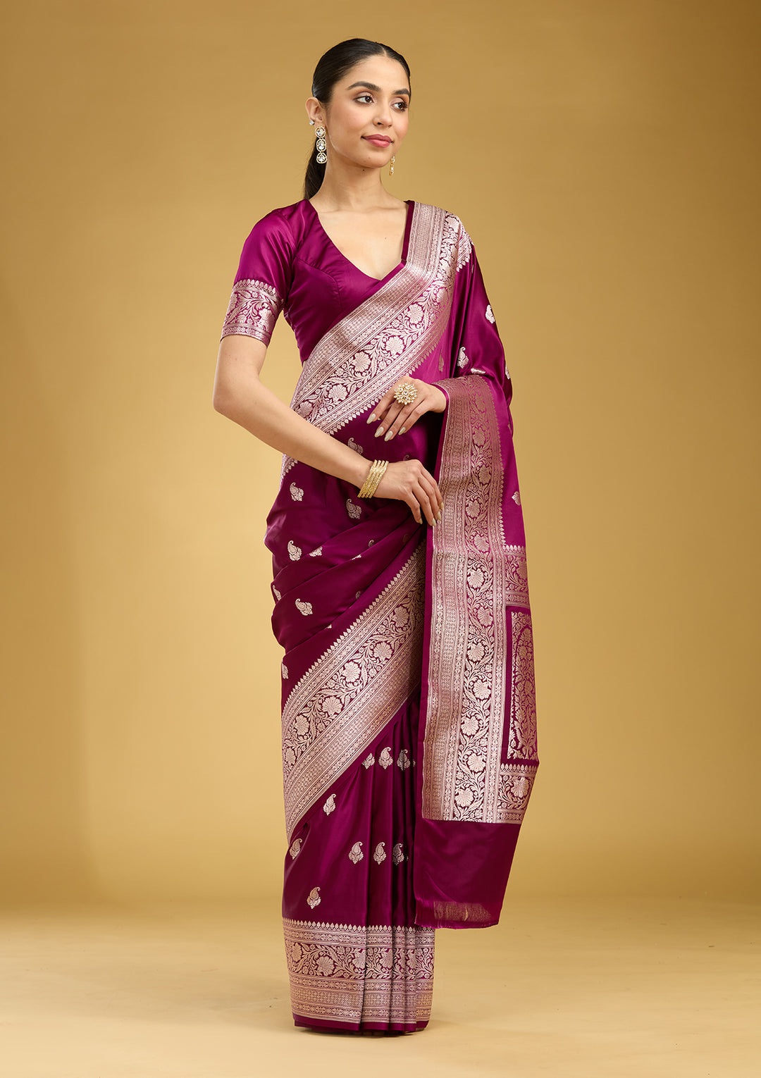 Magenta Pink Zariwork (Gold) Satin Silk Saree