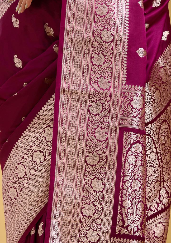 Magenta Pink Zariwork (Gold) Satin Silk Saree