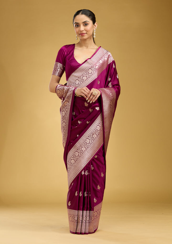 Magenta Pink Zariwork (Gold) Satin Silk Saree