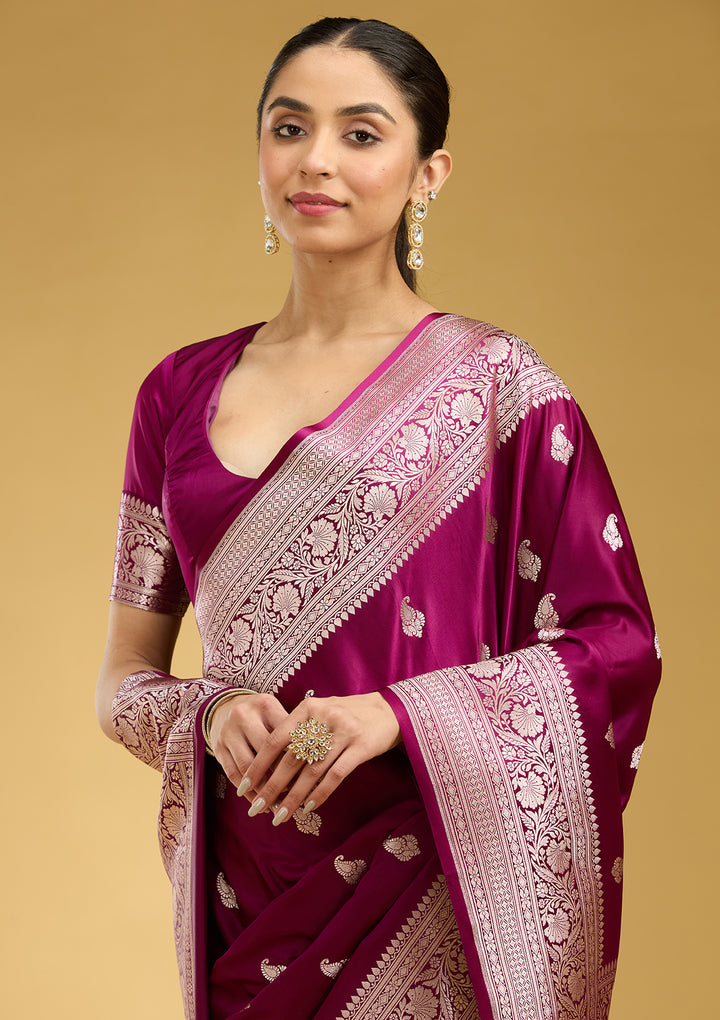 Magenta Pink Zariwork (Gold) Satin Silk Saree