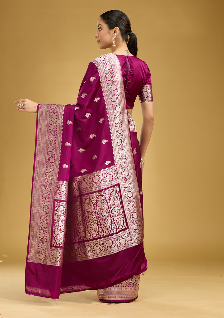Magenta Pink Zariwork (Gold) Satin Silk Saree