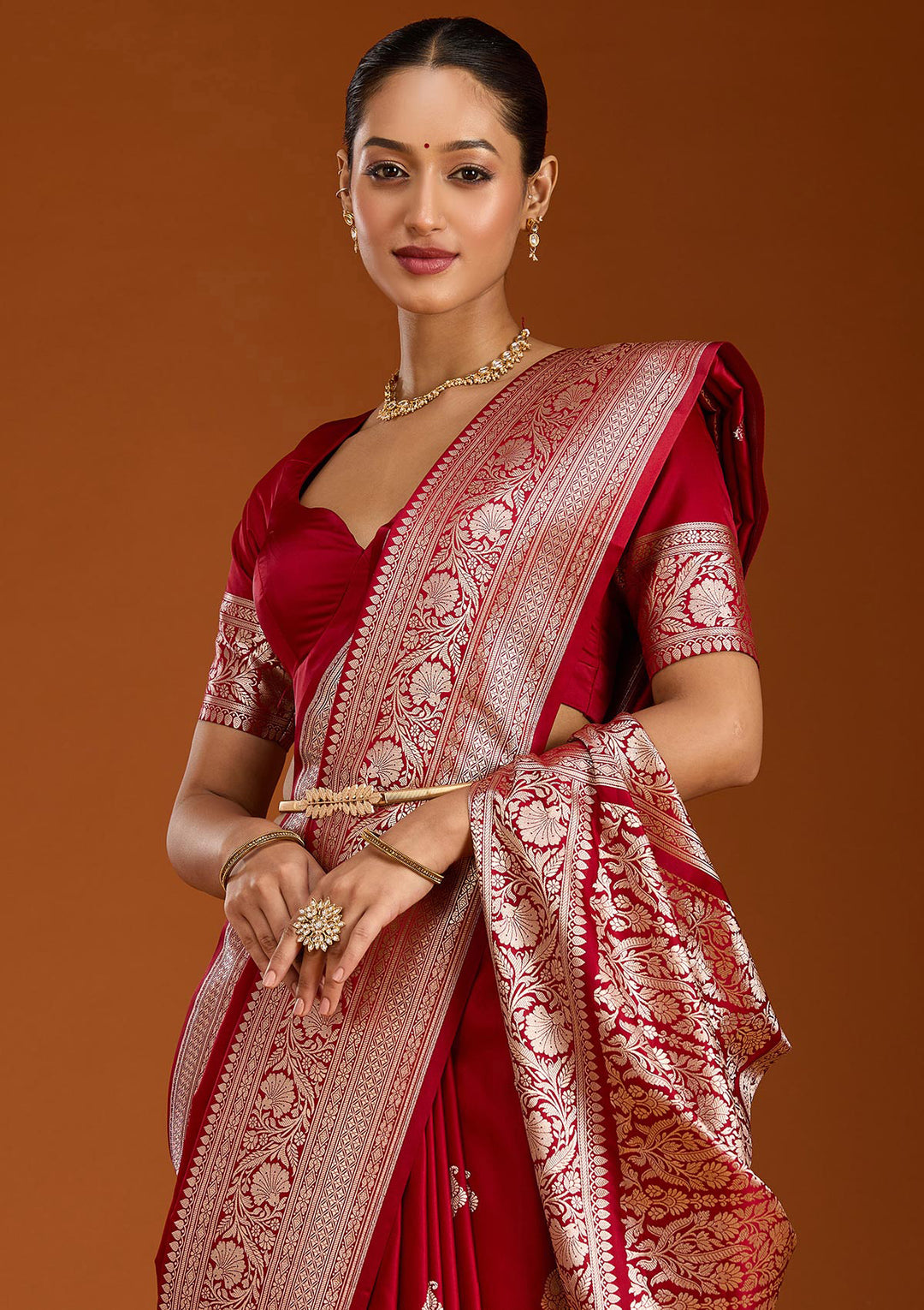 Maroon Zariwork (Gold) Satin Silk Saree