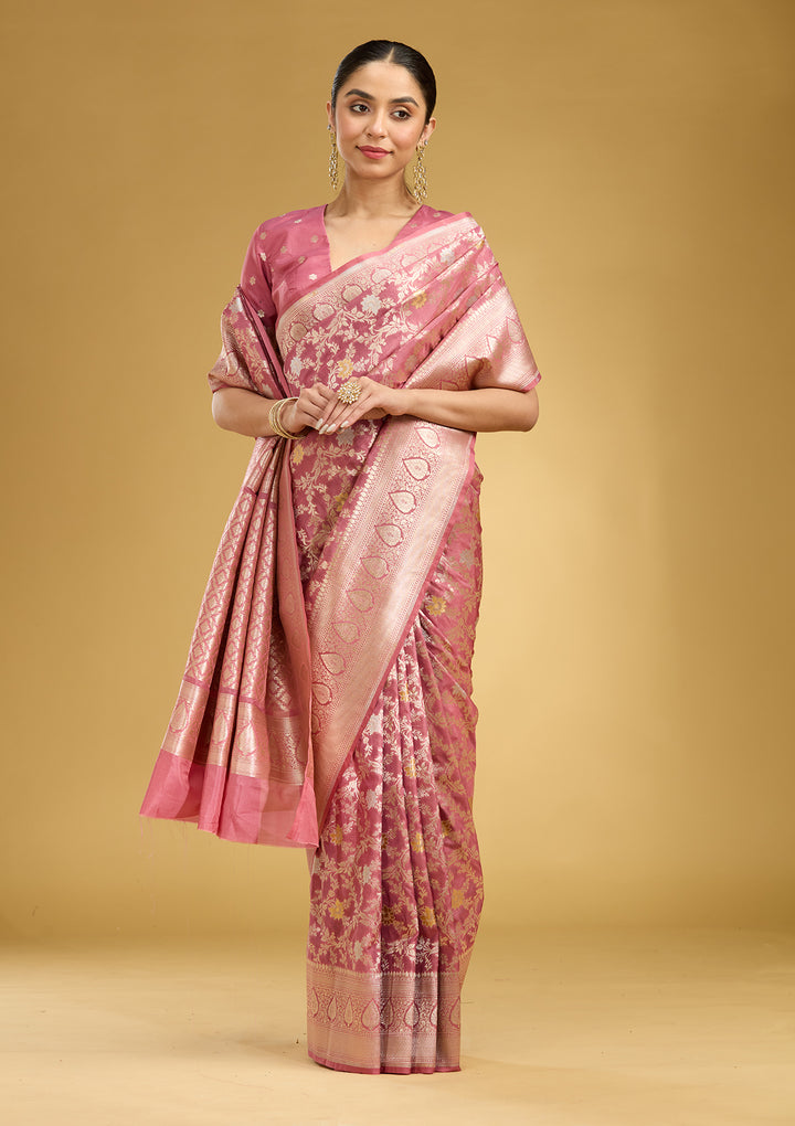 Mauve Zariwork (Gold) Satin Silk Saree