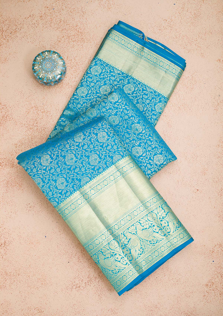 Turquoise Blue Zariwork Pure Silk Saree