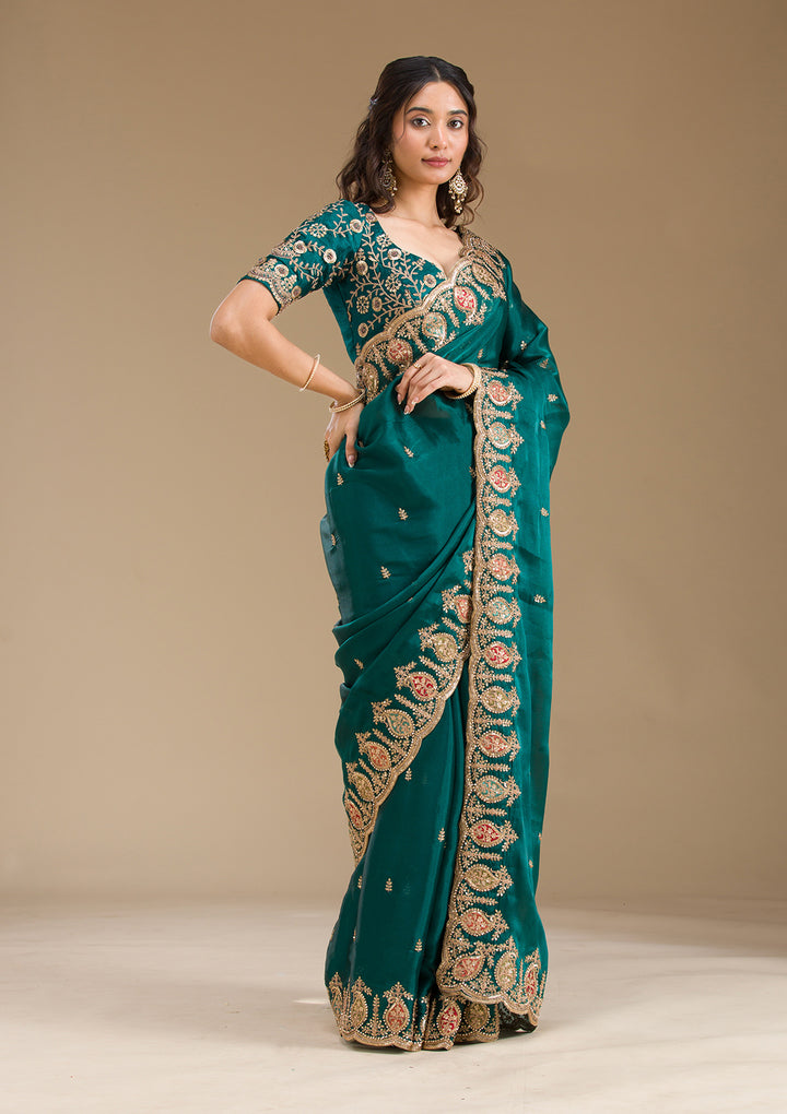 Peacock Green Zariwork Tissue Saree