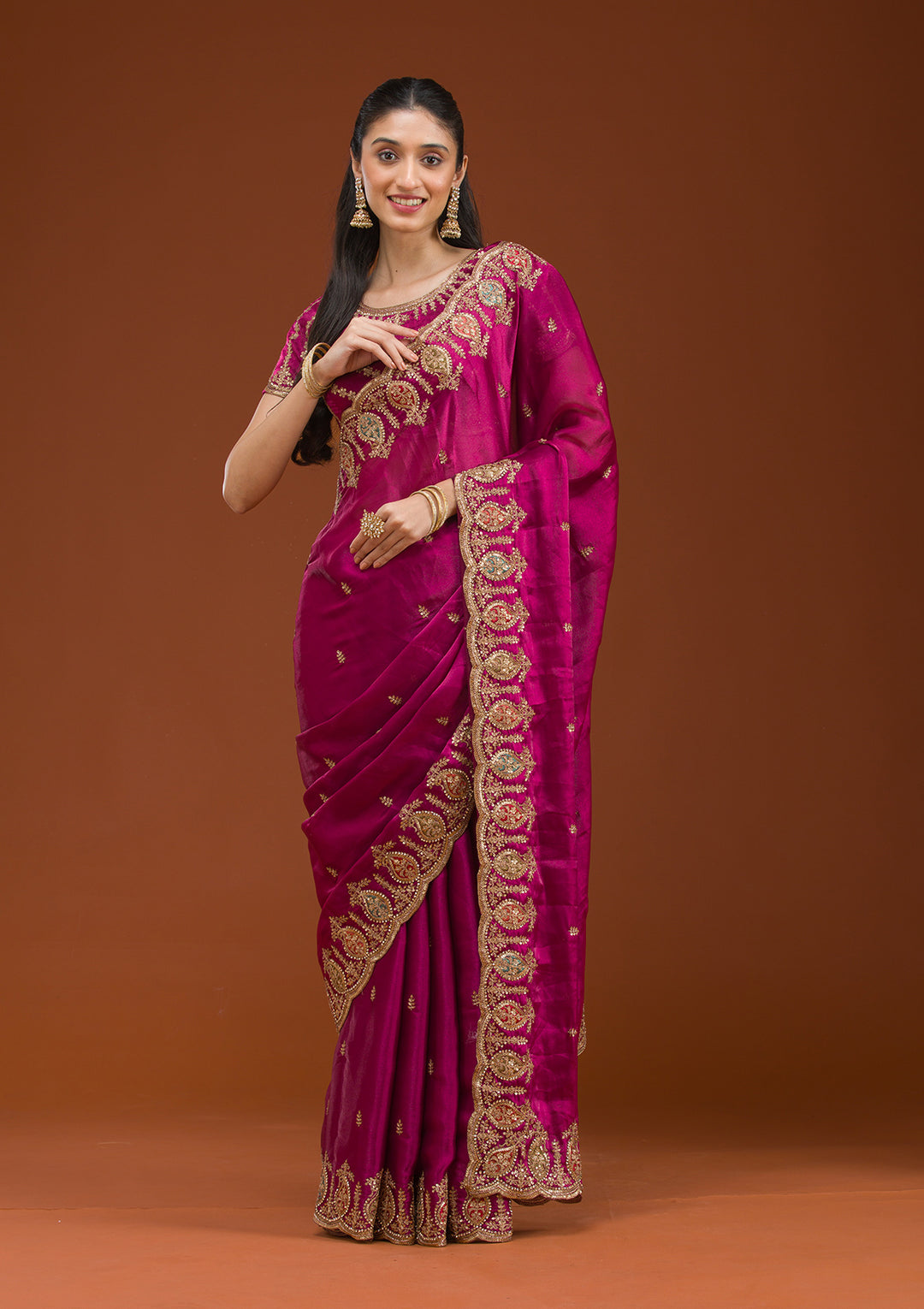 Wine Zariwork Tissue Saree
