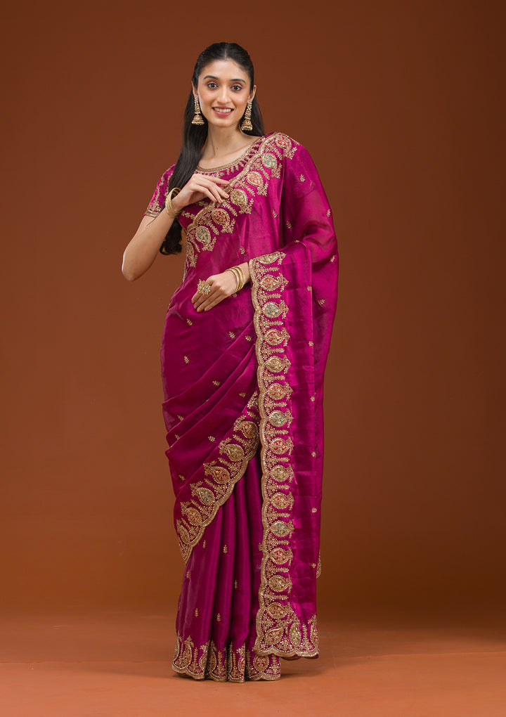 Wine Zariwork Tissue Saree