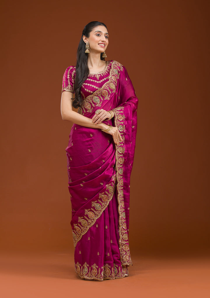 Wine Zariwork Tissue Saree