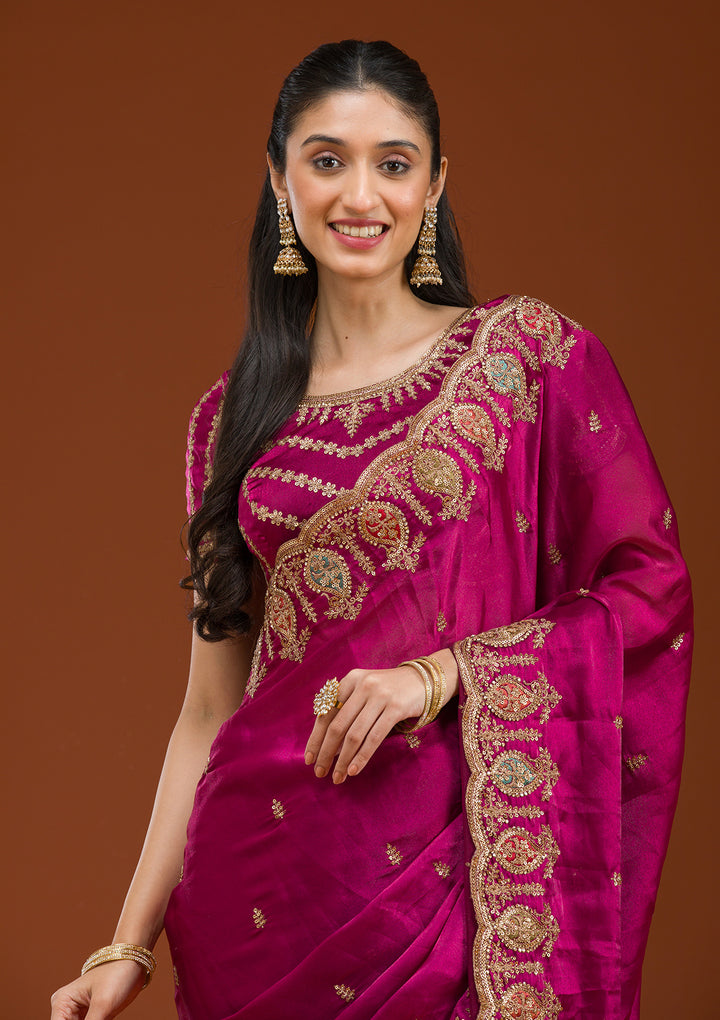 Wine Zariwork Tissue Saree