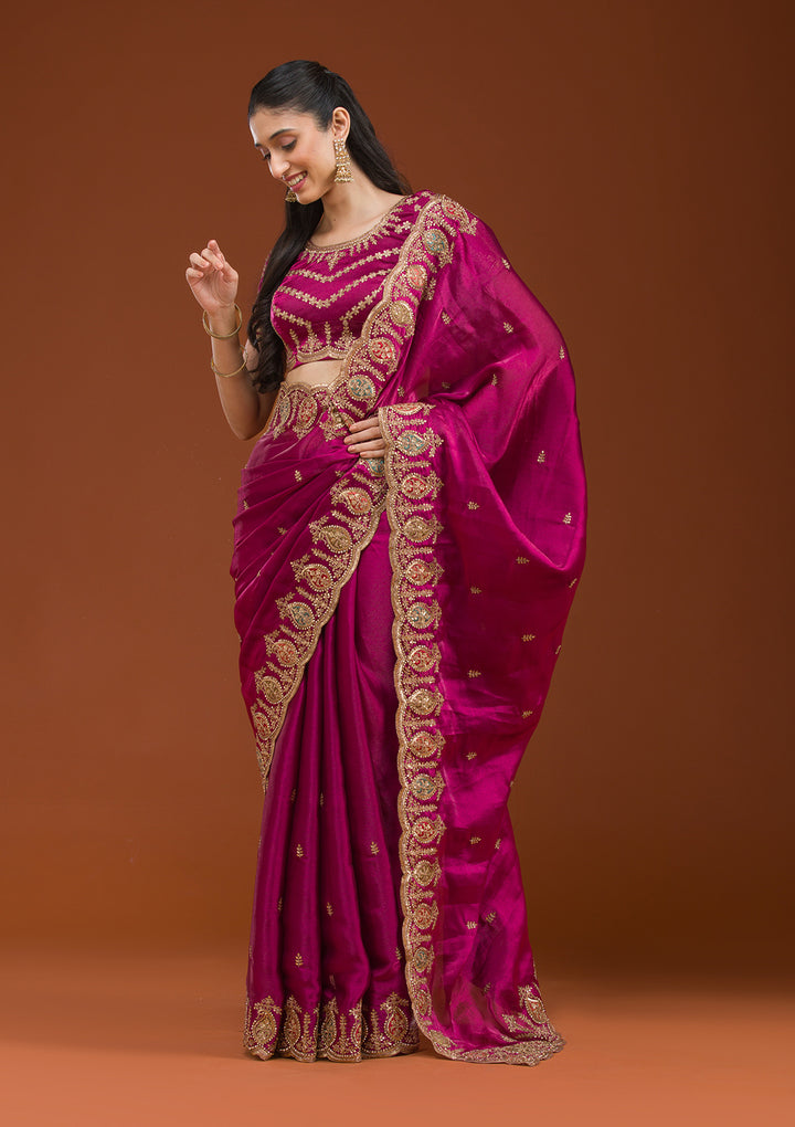 Wine Zariwork Tissue Saree