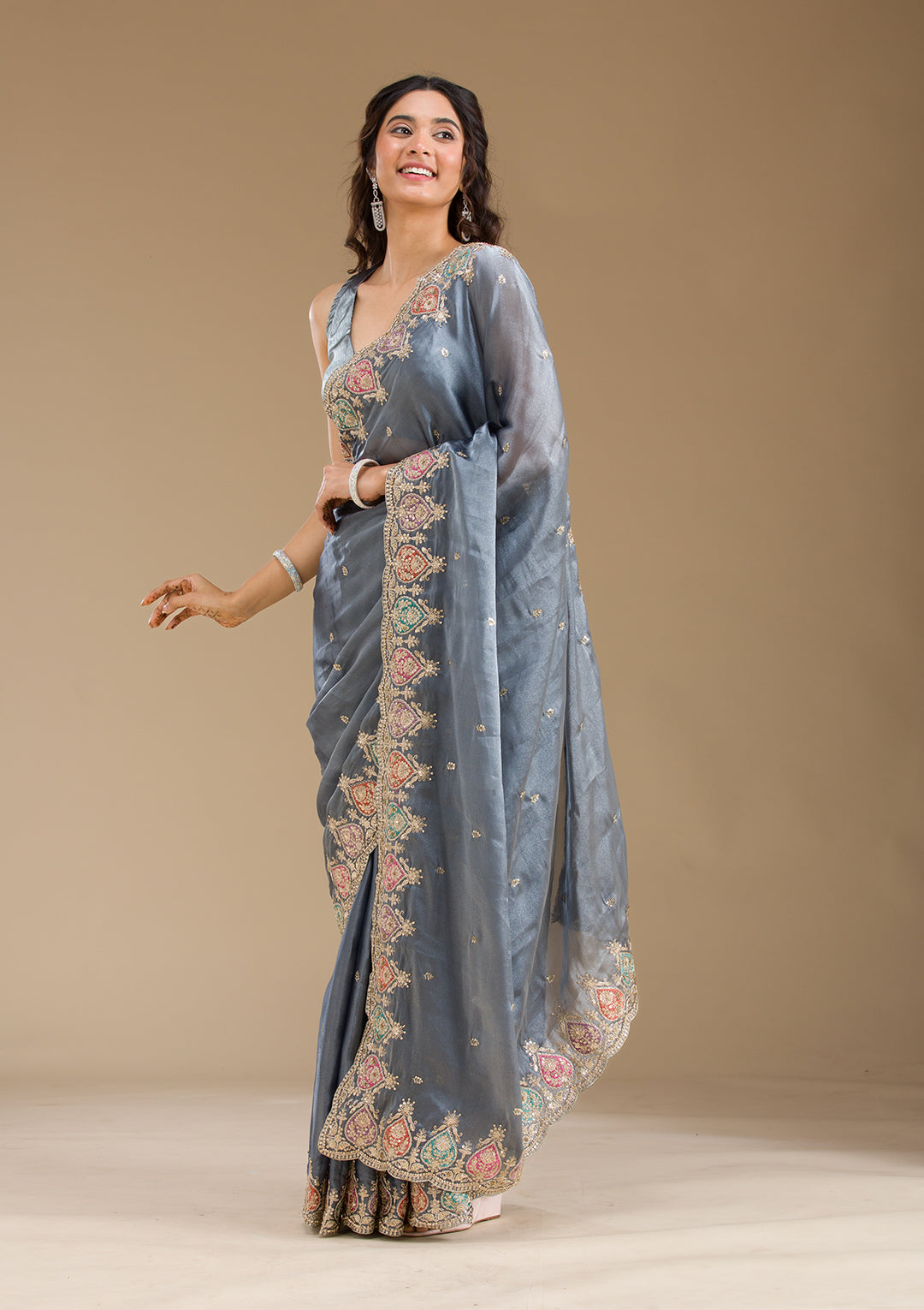 Grey Zariwork Tissue Saree