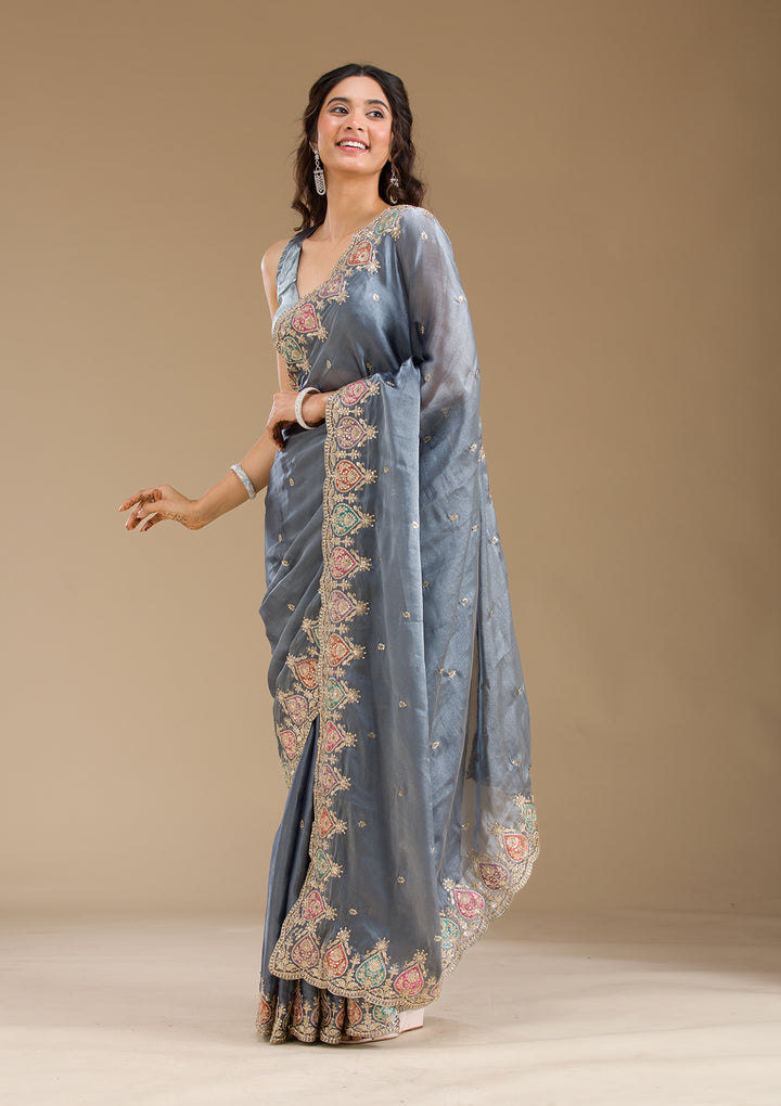Grey Zariwork Tissue Saree