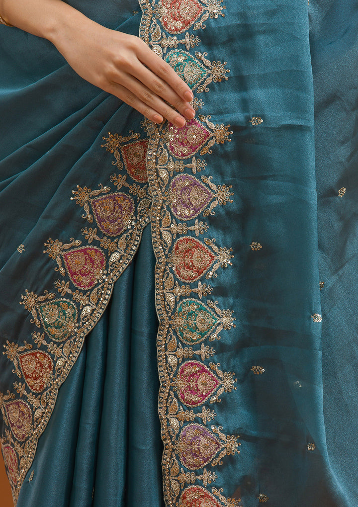Peacock Blue Zariwork Tissue Saree