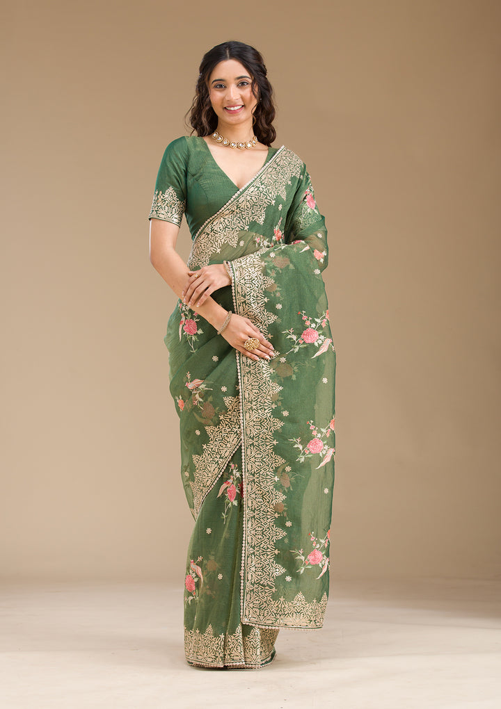 Bottle Green Sequins Tissue Saree