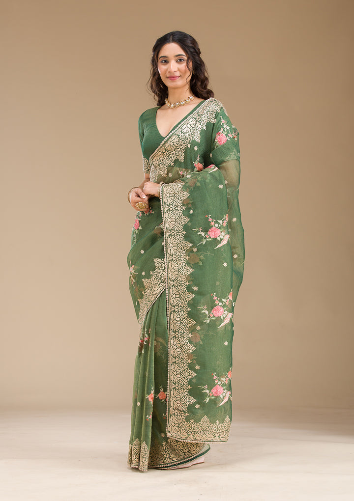 Bottle Green Sequins Tissue Saree