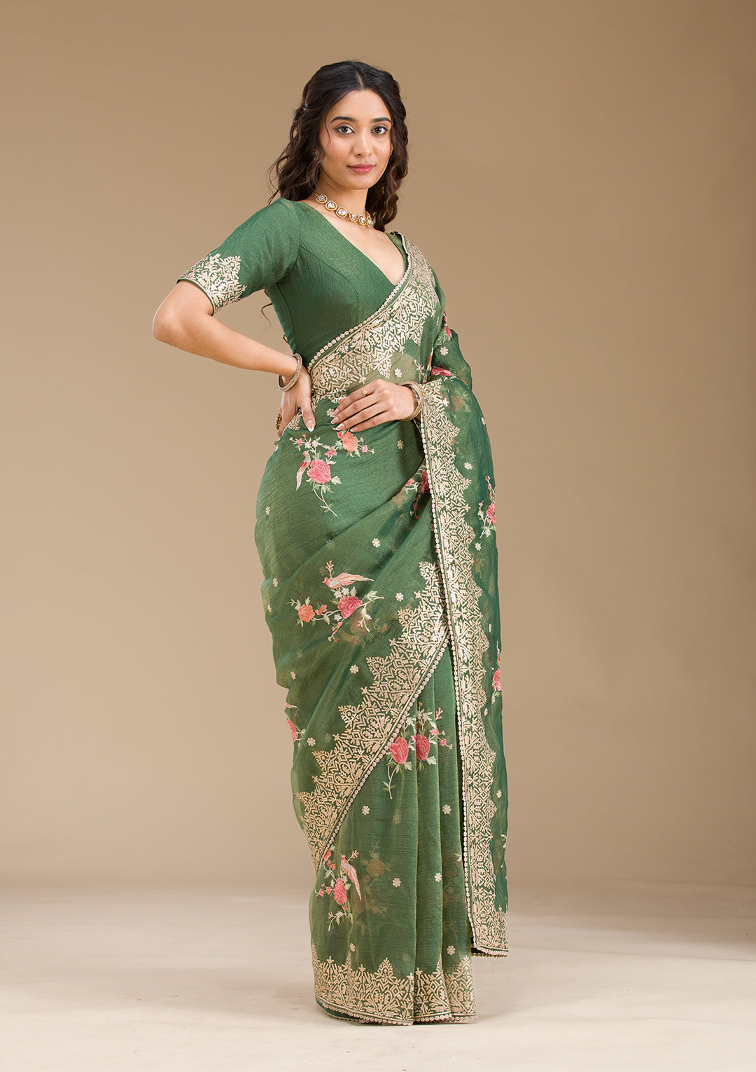 Bottle Green Sequins Tissue Saree