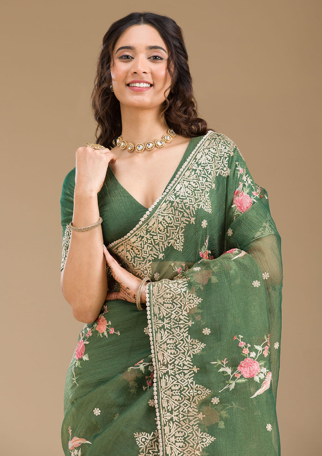 Bottle Green Sequins Tissue Saree