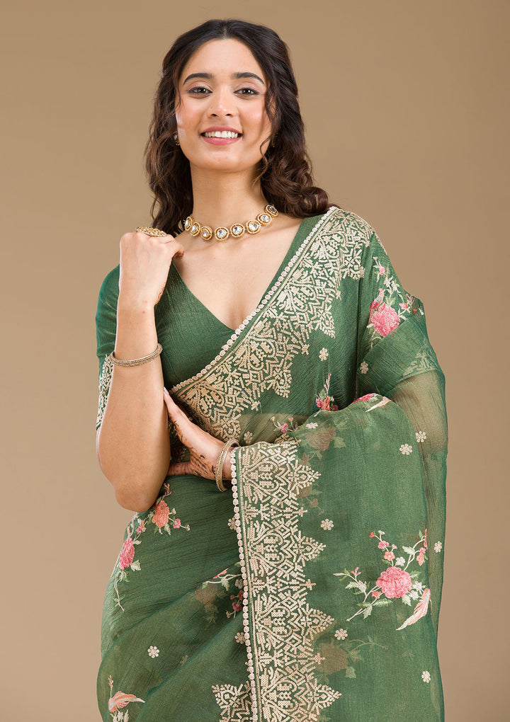 Bottle Green Sequins Tissue Saree