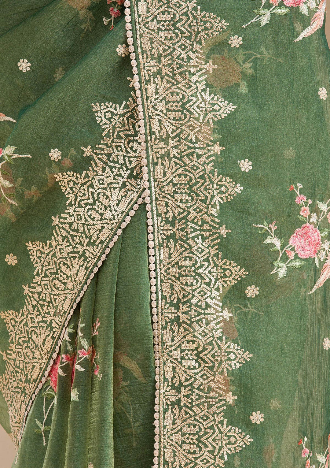 Bottle Green Sequins Tissue Saree