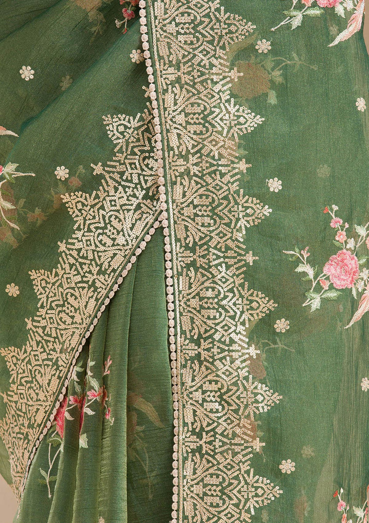 Bottle Green Sequins Tissue Saree