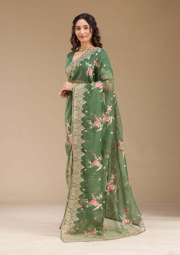 Bottle Green Sequins Tissue Saree