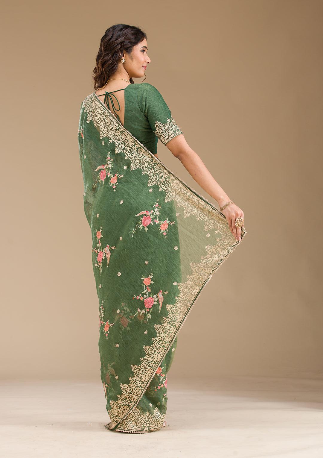 Bottle Green Sequins Tissue Saree
