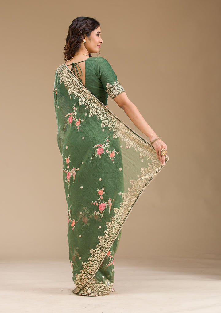 Bottle Green Sequins Tissue Saree