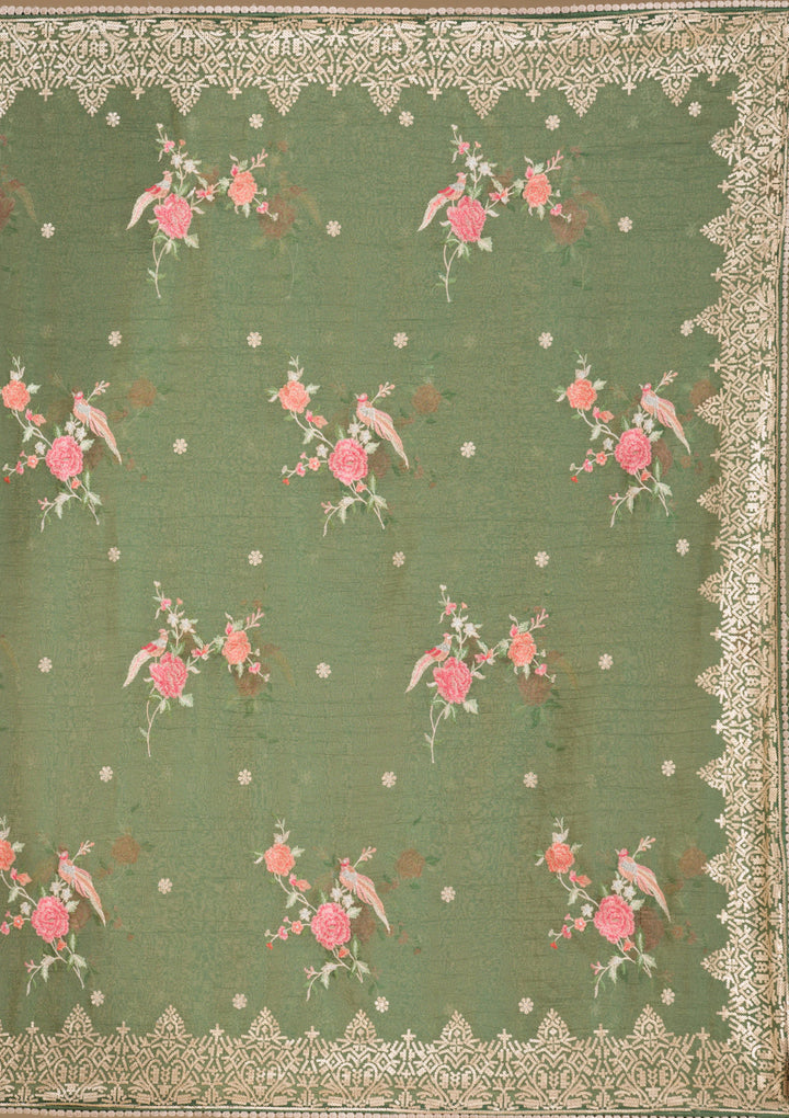 Bottle Green Sequins Tissue Saree