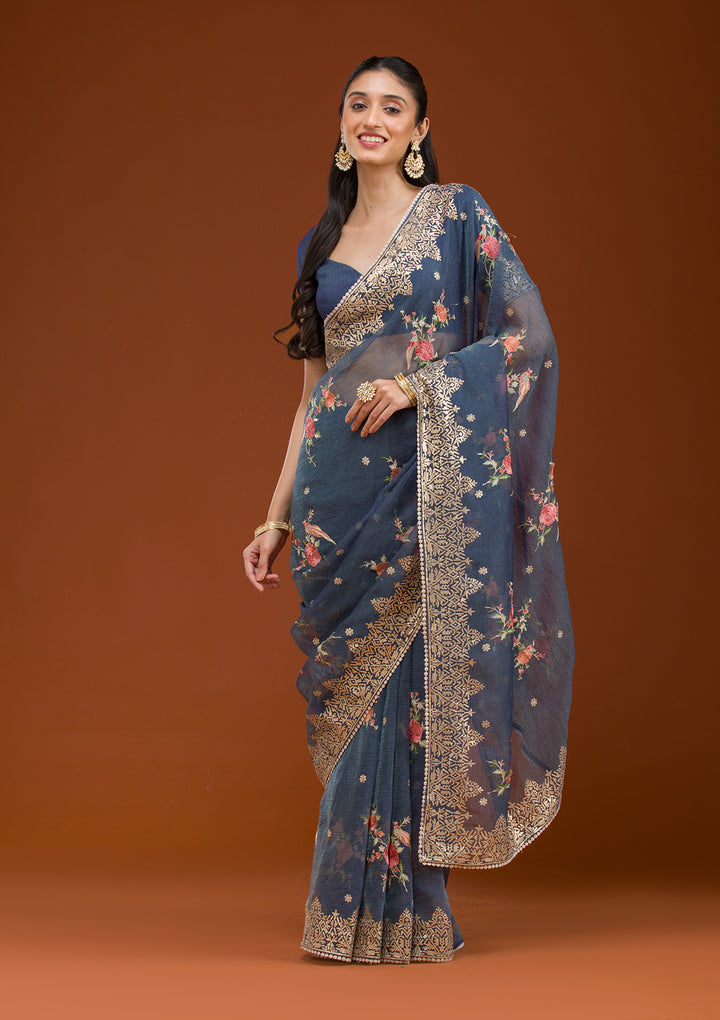 Navy Blue Sequins Tissue Saree