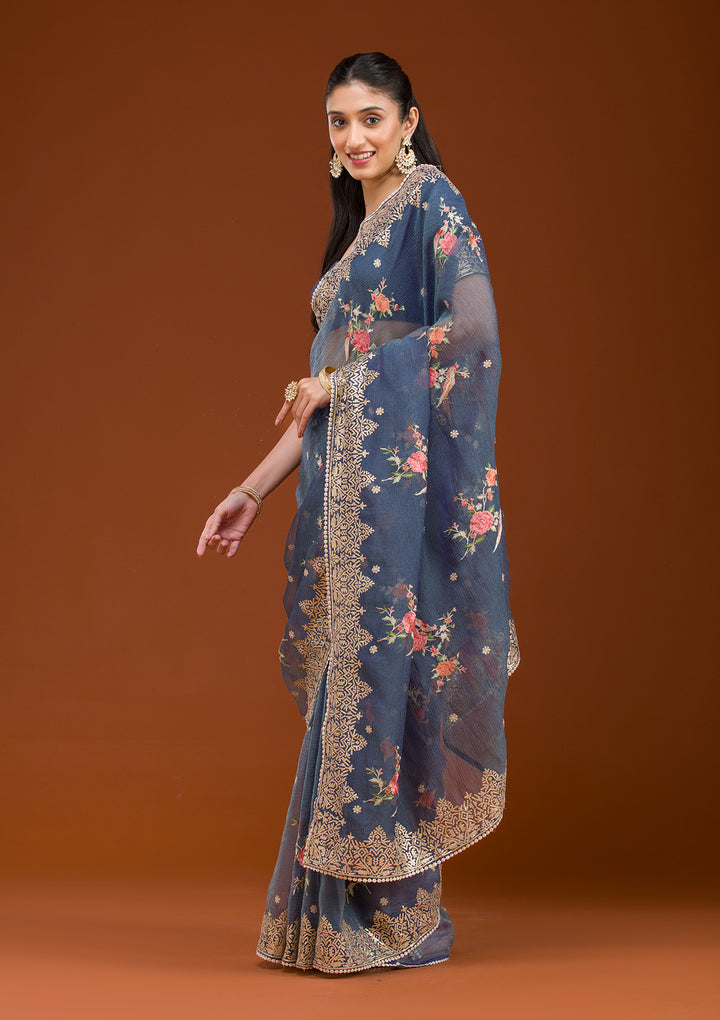 Navy Blue Sequins Tissue Saree