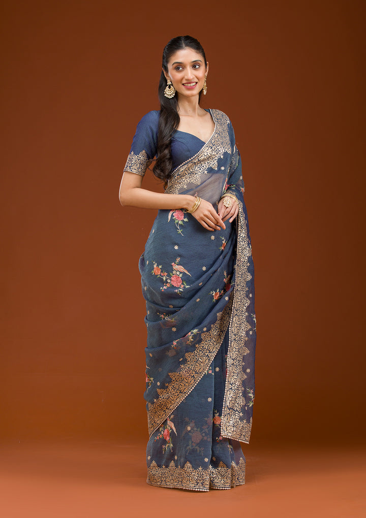 Navy Blue Sequins Tissue Saree
