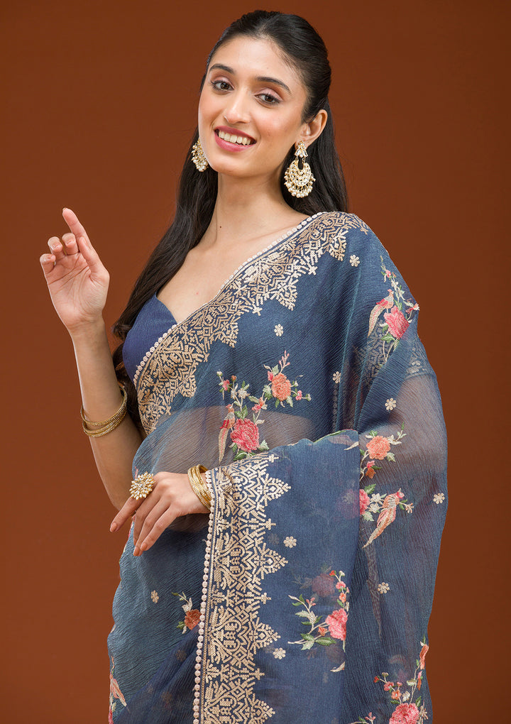 Navy Blue Sequins Tissue Saree