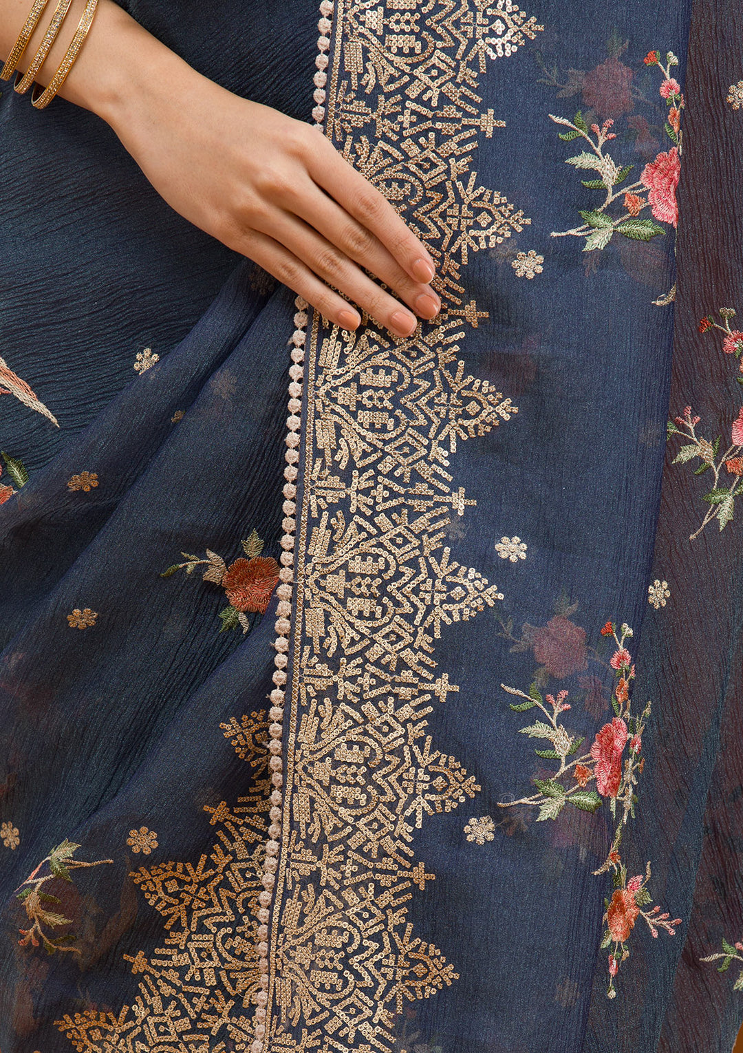 Navy Blue Sequins Tissue Saree