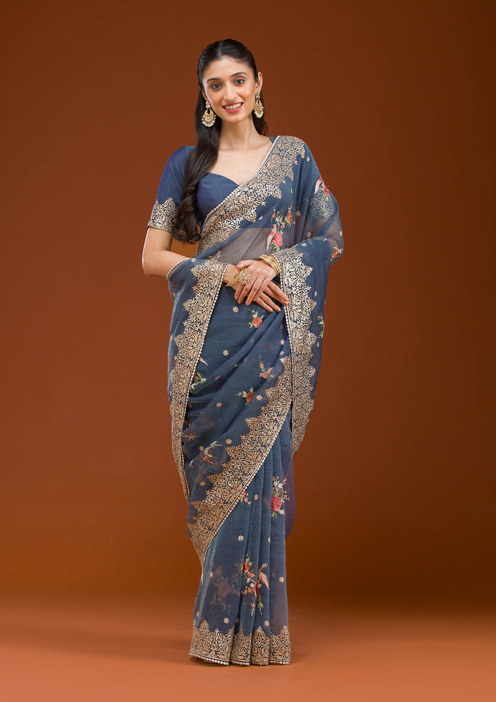 Navy Blue Sequins Tissue Saree