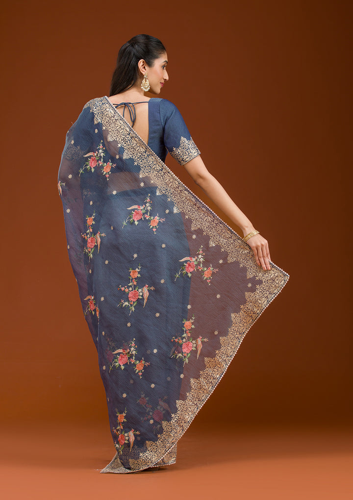 Navy Blue Sequins Tissue Saree
