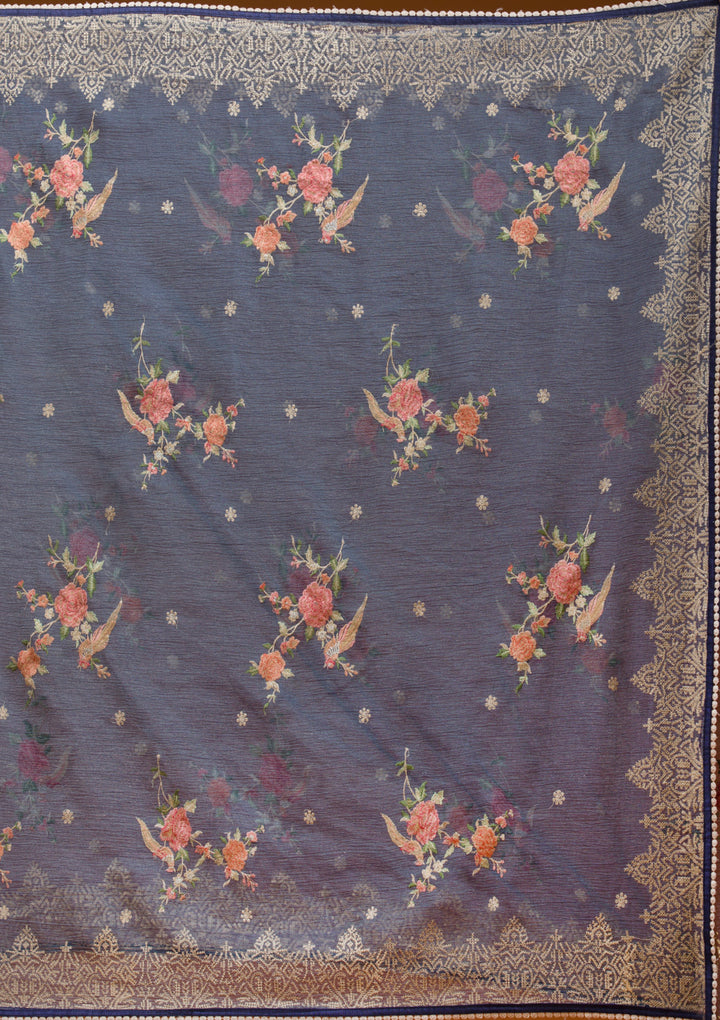 Navy Blue Sequins Tissue Saree