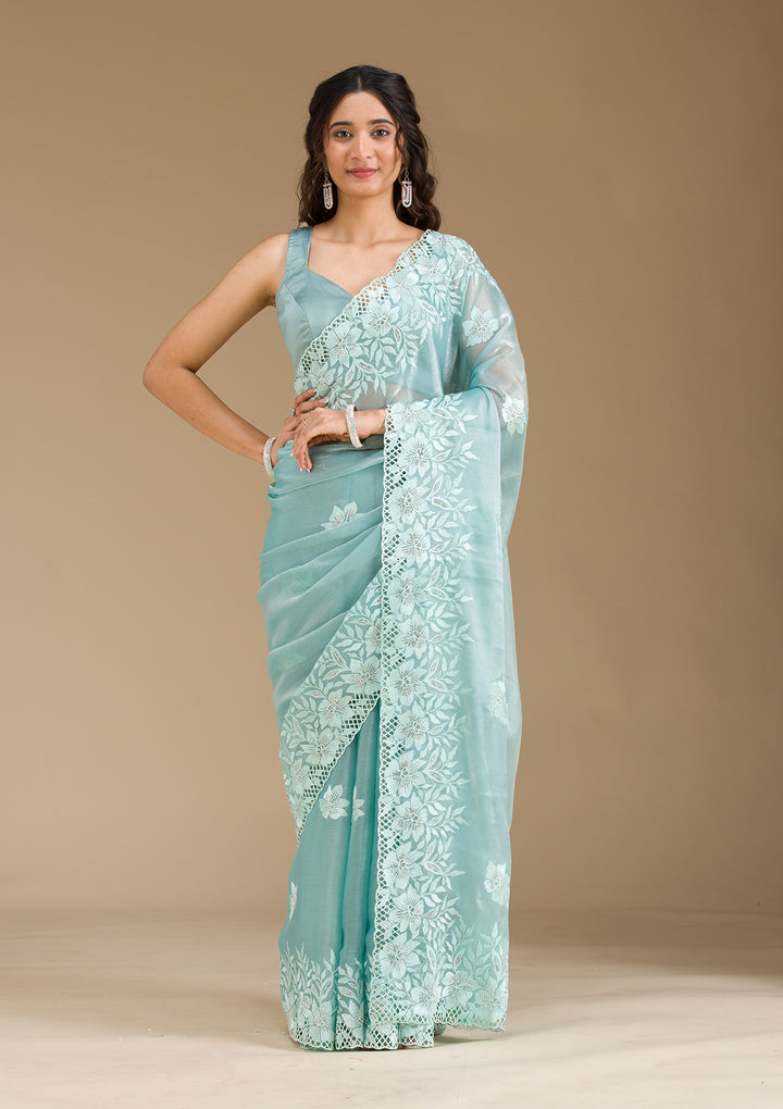Sea Green Stonework Tissue Saree