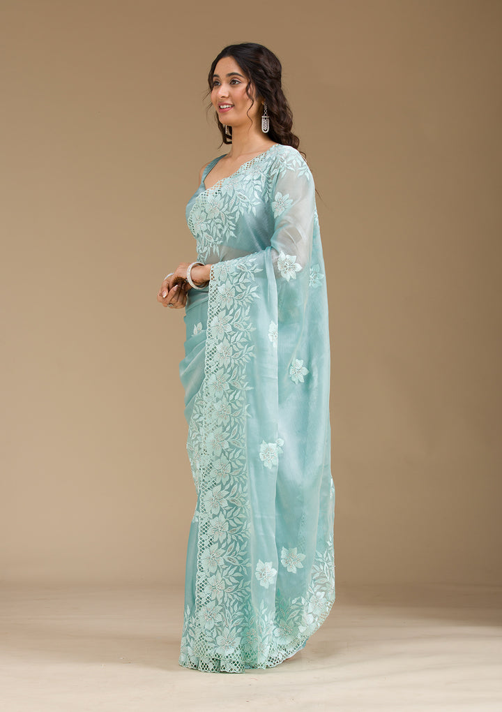 Sea Green Stonework Tissue Saree