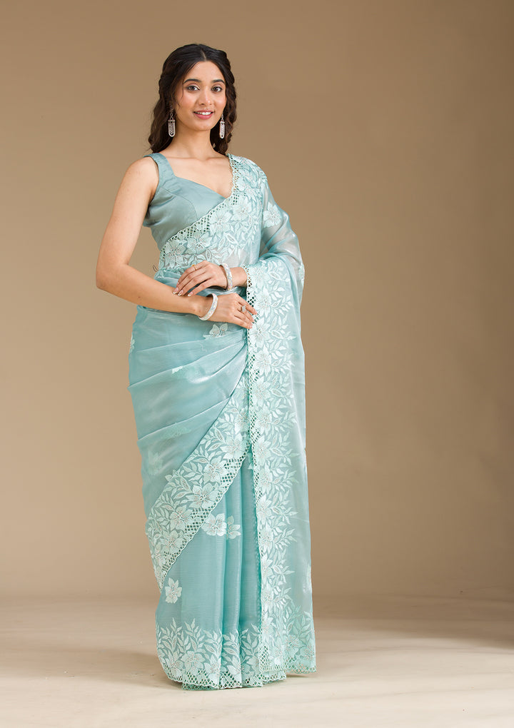 Sea Green Stonework Tissue Saree
