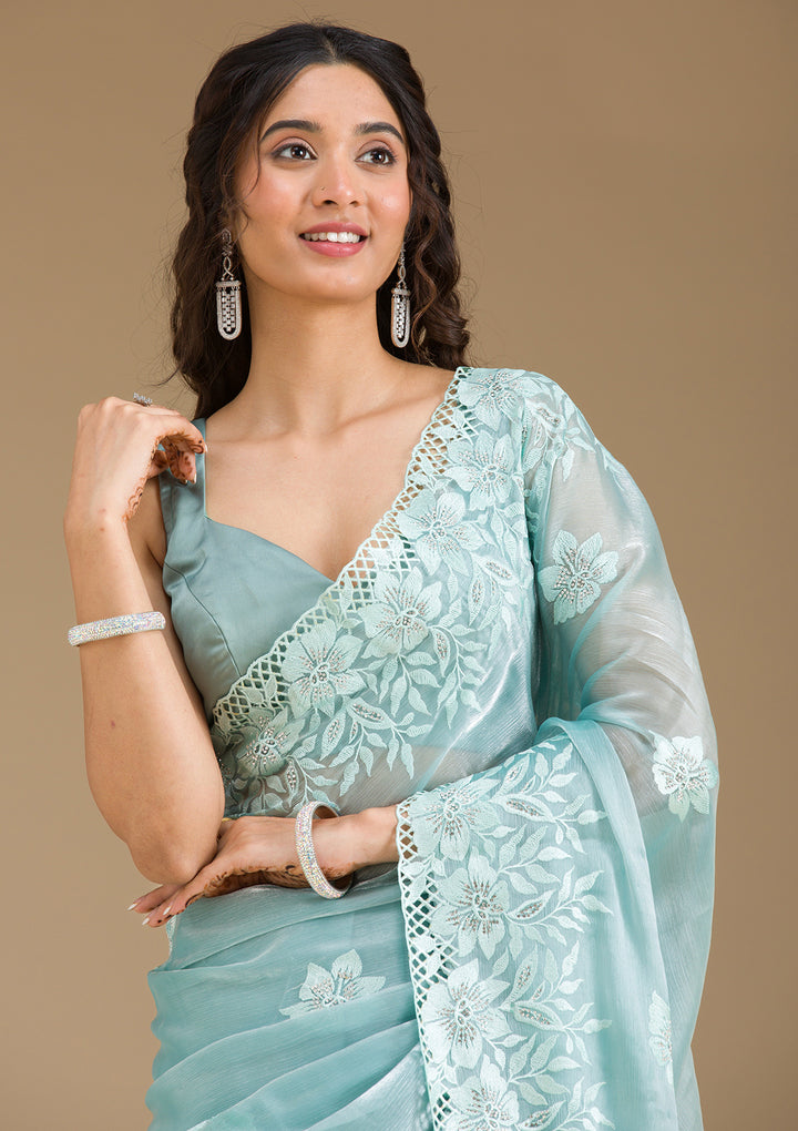 Sea Green Stonework Tissue Saree