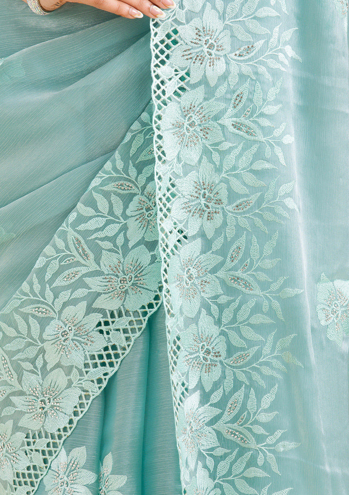 Sea Green Stonework Tissue Saree