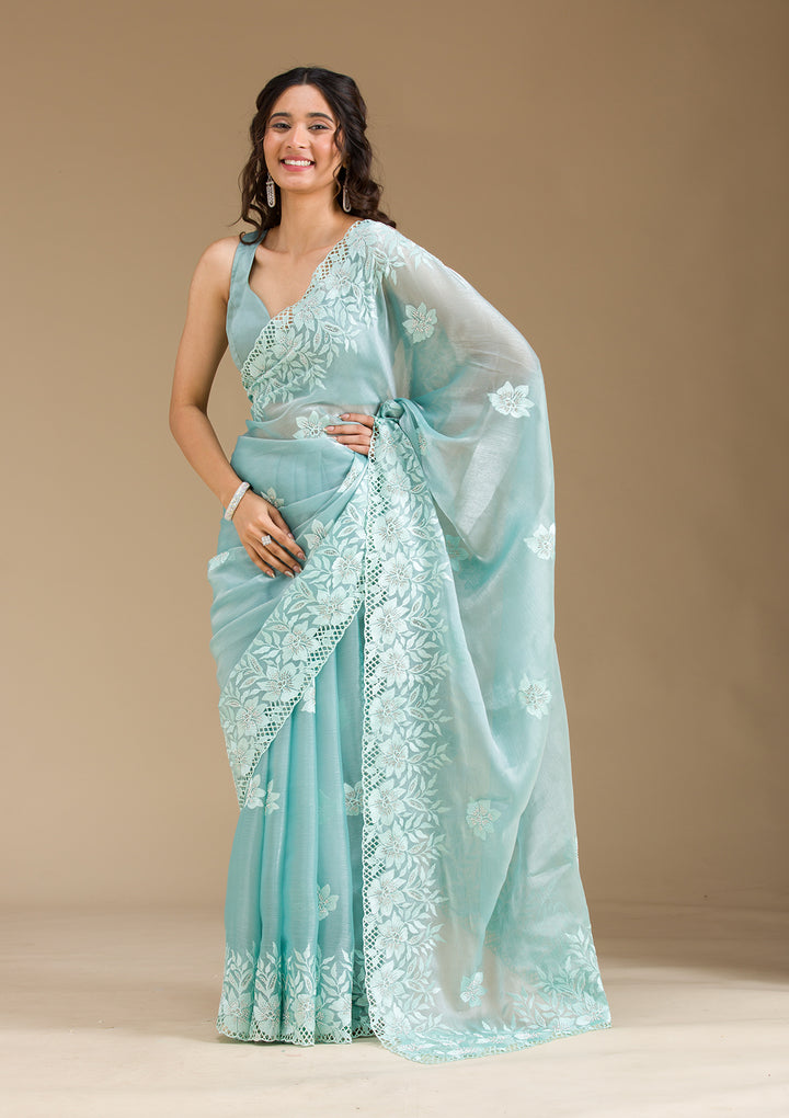 Sea Green Stonework Tissue Saree