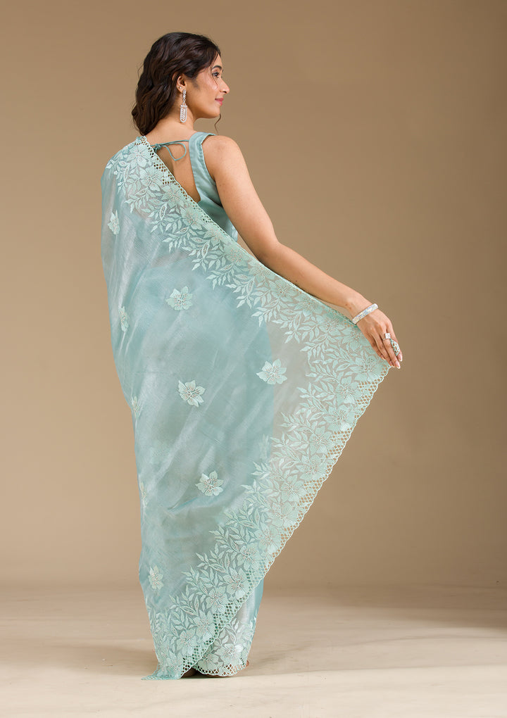 Sea Green Stonework Tissue Saree