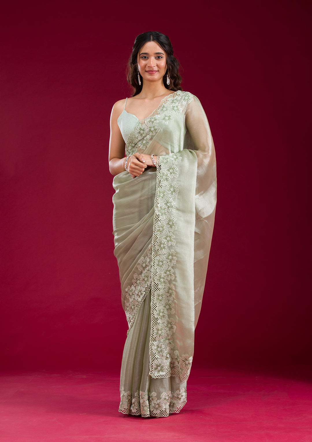 Pista Green Stonework Tissue Saree