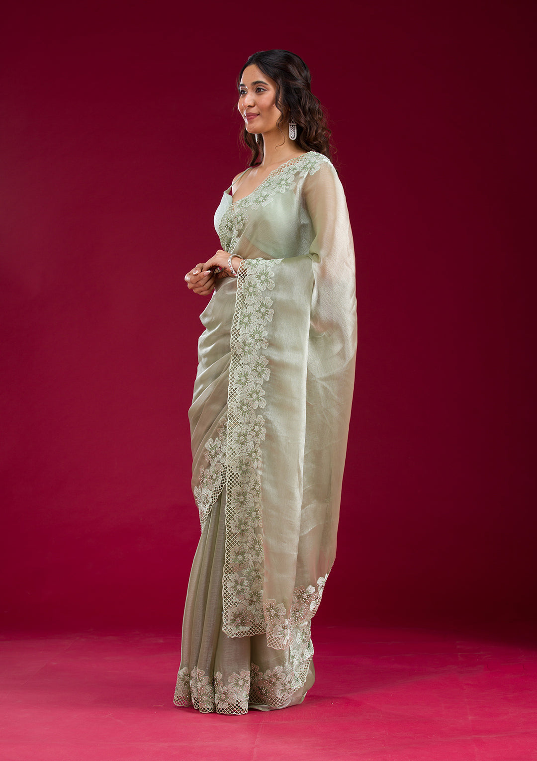 Pista Green Stonework Tissue Saree