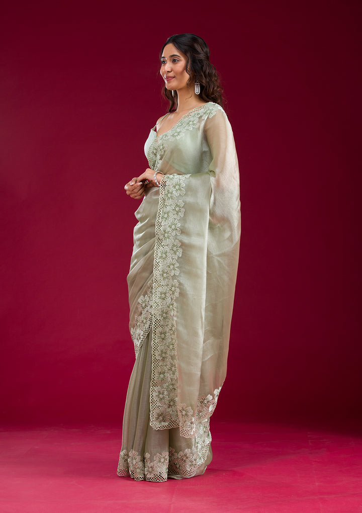 Pista Green Stonework Tissue Saree