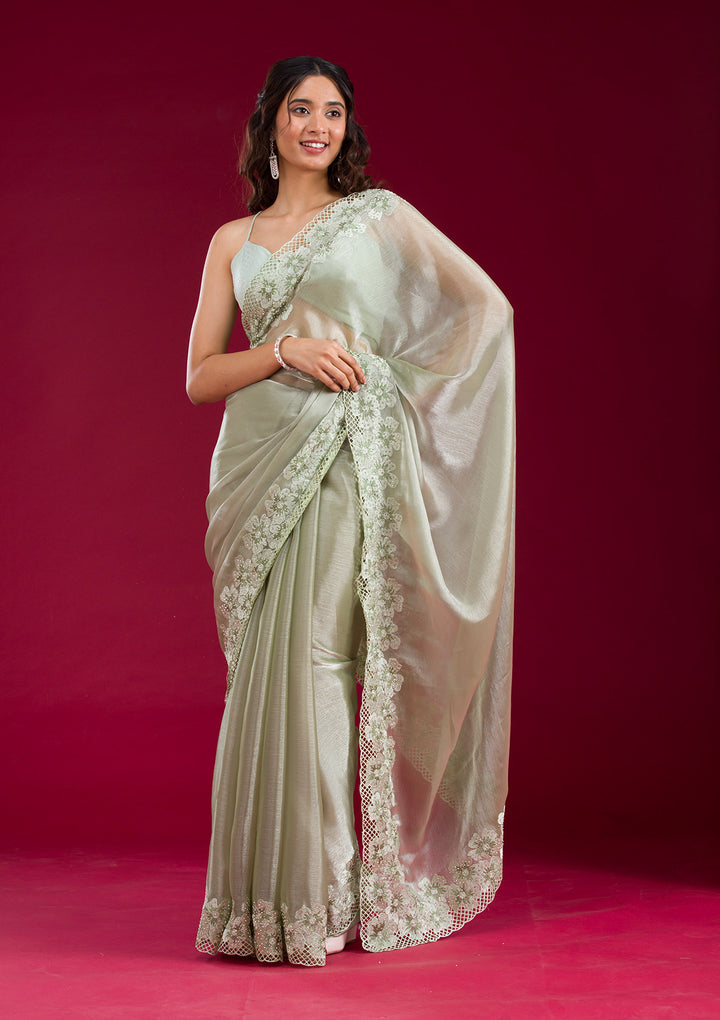 Pista Green Stonework Tissue Saree