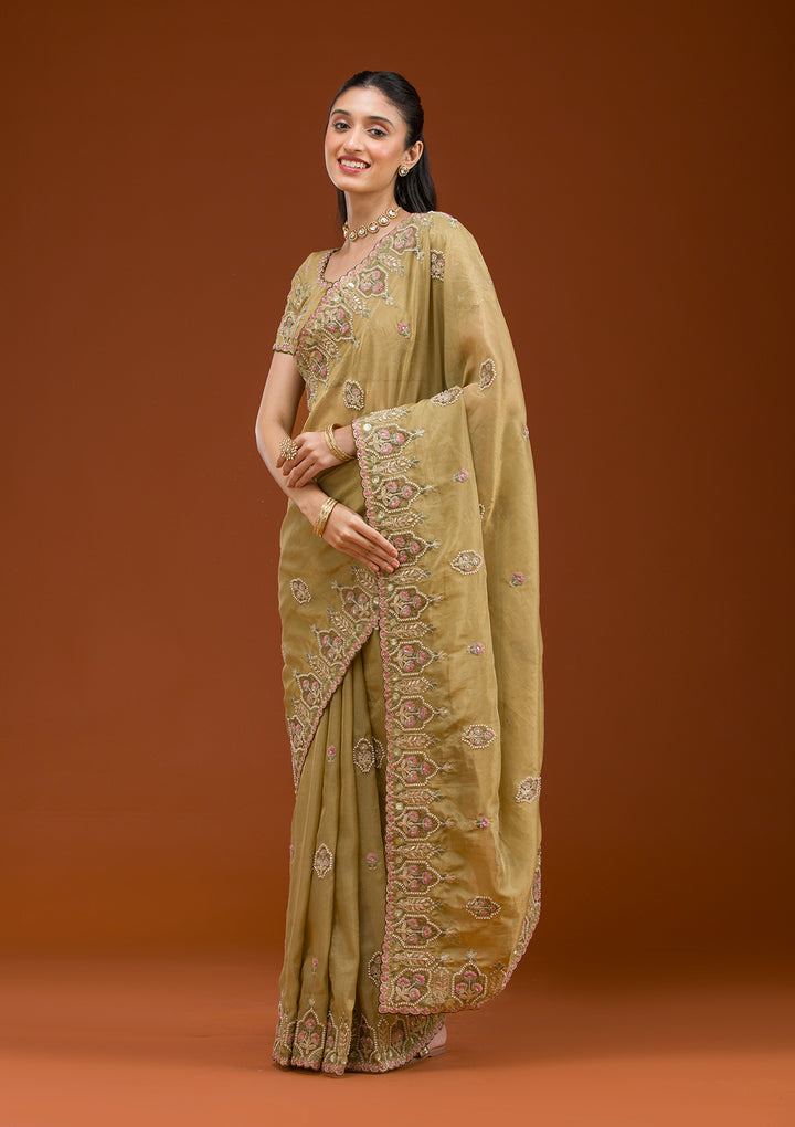 Mehendi Pearlwork Tissue Saree