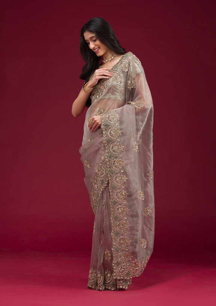 Sea Green Sequins Tissue Saree